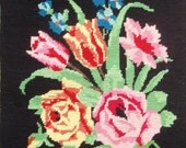 Vintage French needlepoint tapestry canvas embroidery - Roses and tulips bunch