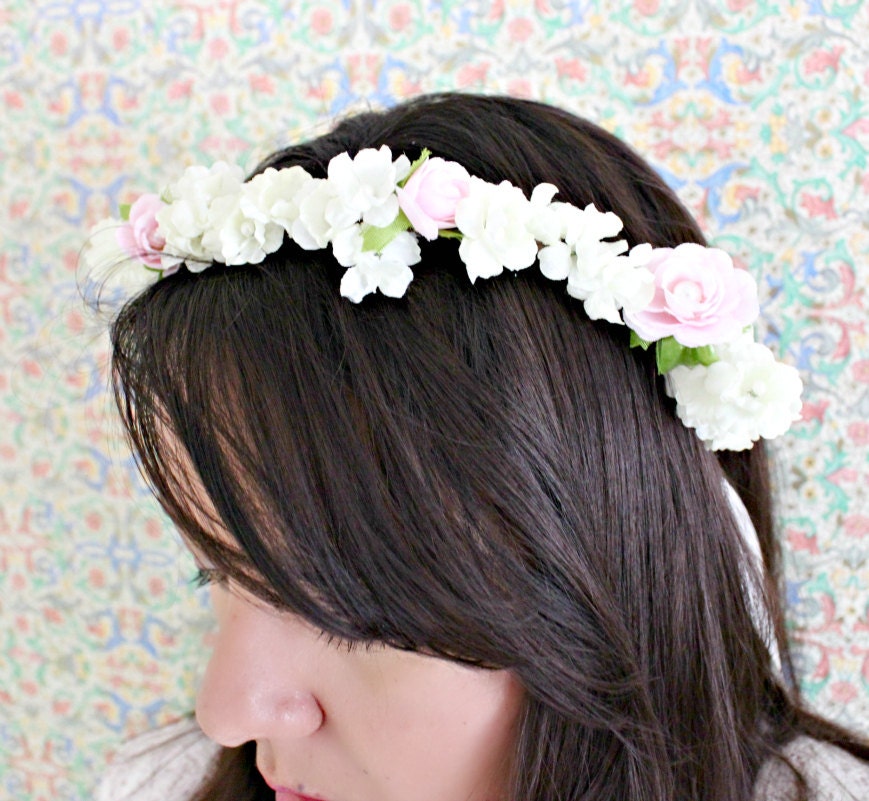 Ivory and Pink Floral Crown, Flower Crown. Woodland, Spring, Hair Wreath, Bridal headpiece, Hair Accessories, Floral, Bohemian Halo