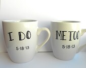 Set of Two Personalized I DO ME TOO Porcelain Mugs Hand Drawn for Wedding or Engagement Gift