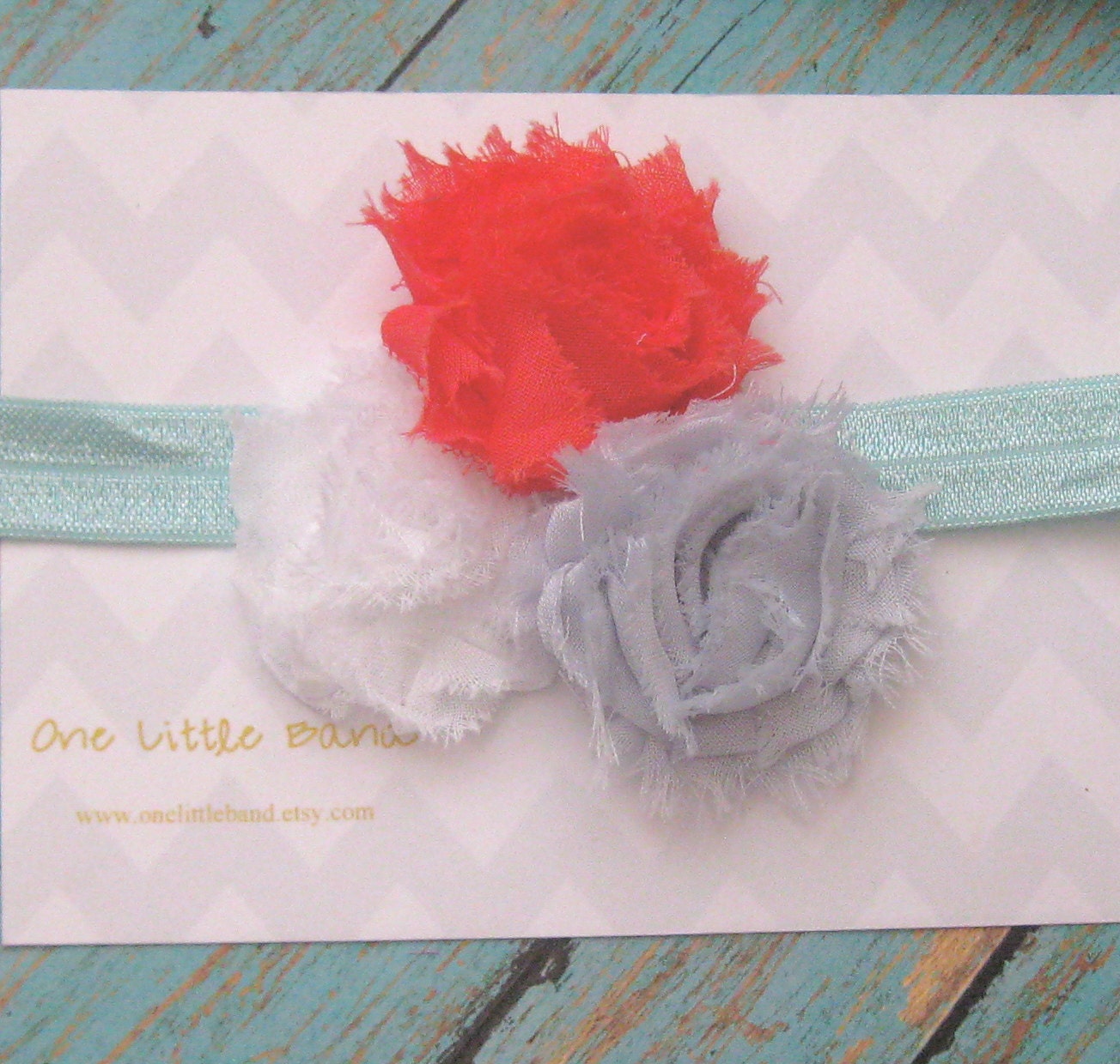 Mini shabby flower headband, coral, light grey and white flowers upon soft aqua elastic. Summer headband, baby headband, newborn headband.