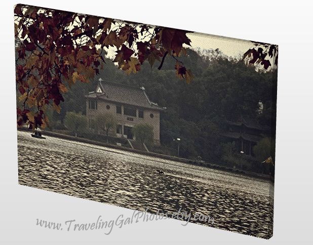 Canvas Gallery Wrap 24x36 travel photography house lake Hangzhou China street photography foliage leaves autumn soft light grey sky