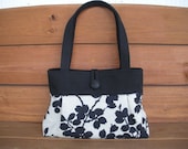 Fabric Handbag Purse Tote Bag Womens Fashion Small Pleated bag Reversible in Off white with Black flower print.