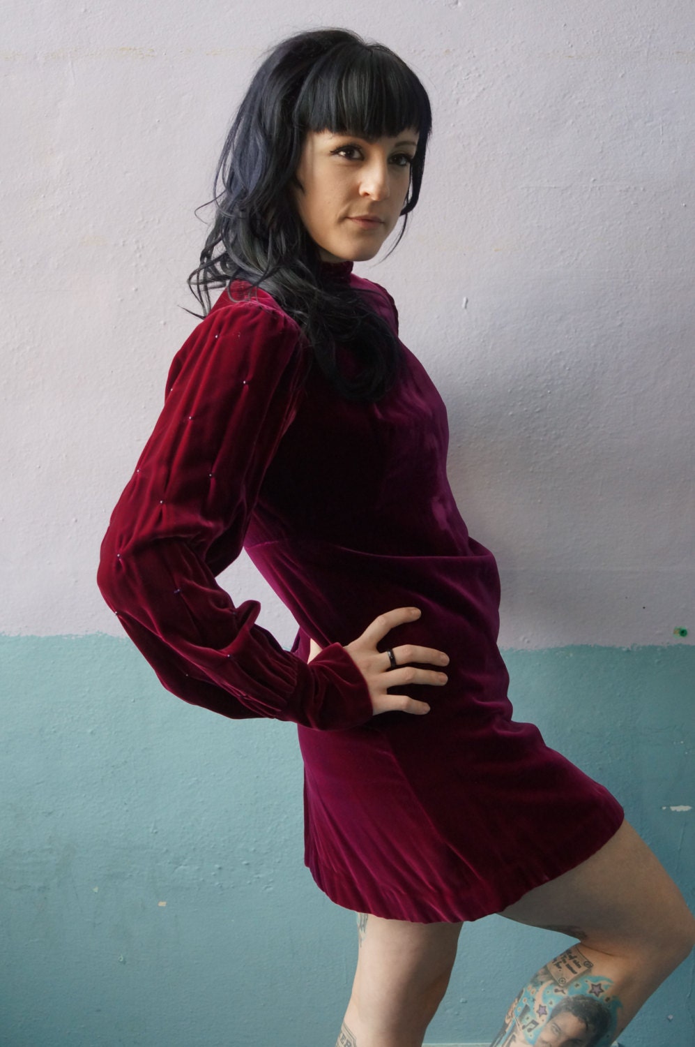 Vtg 60s Royal Purple Velvet Mini Dress / Mardi Gras