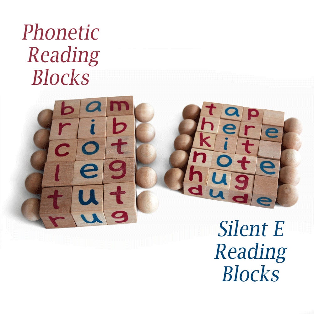 Montessori Silent E Reading Blocks, Educational Toy, Beginning Reader Tools, First Grade