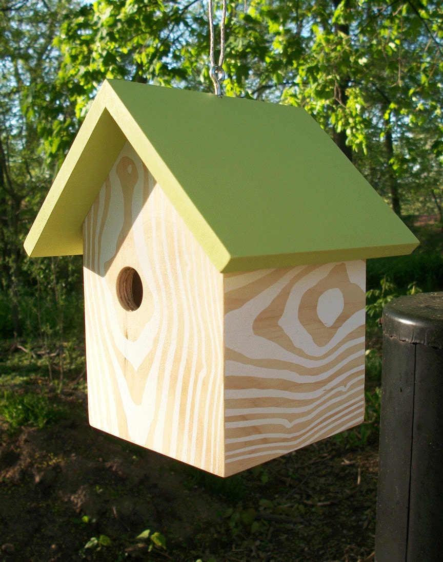 Modern Faux Wood Grain Birdhouse - Nest Box - Green White