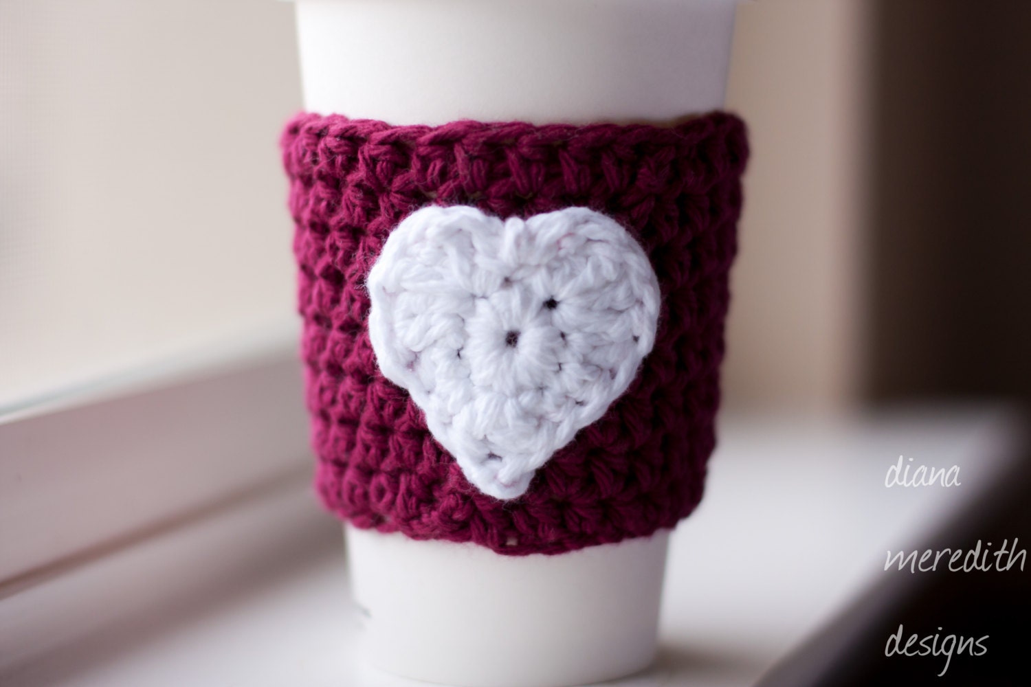 Crochet Coffee Cozy - Ruby with White Heart