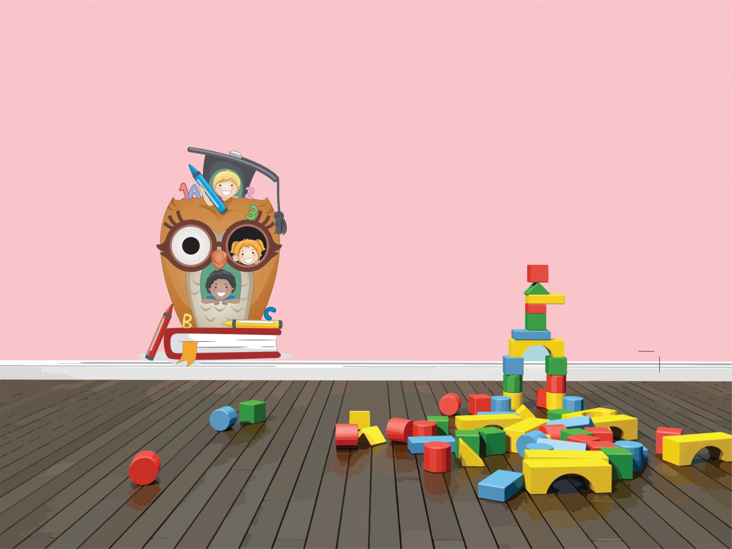 CLASSROOM MURAL Owl Head Play Ground Tree House School Text Books ABC's 123's Kids Boy Girl Student Wall Decal 30x50 larg471
