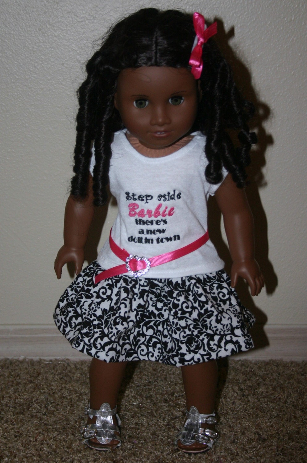 Step aside Barbie outfit for your 18 inch american girl or similar doll skirt, t-shirt, belt, hairbow