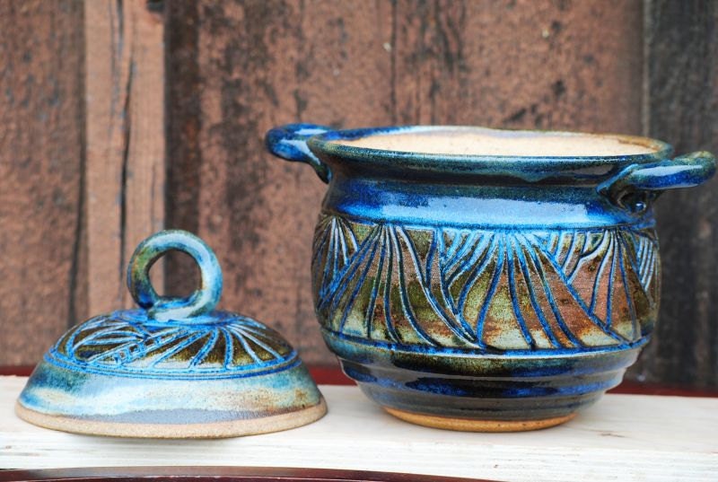 Carved Cream Blue Kitchen Canister Jar