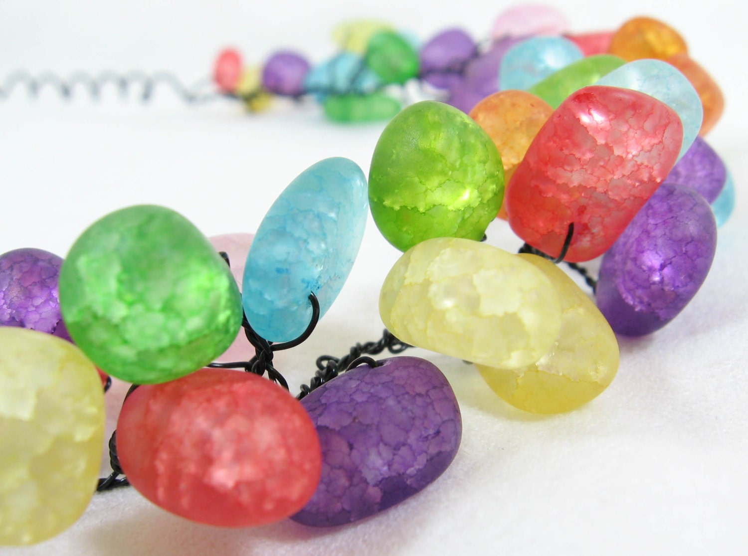 Rainbow Statement Crystal Crackle Quartz Nugget Bead Natural Stone Necklace Black Wire Red Orange Yellow Green Blue Purple Pink