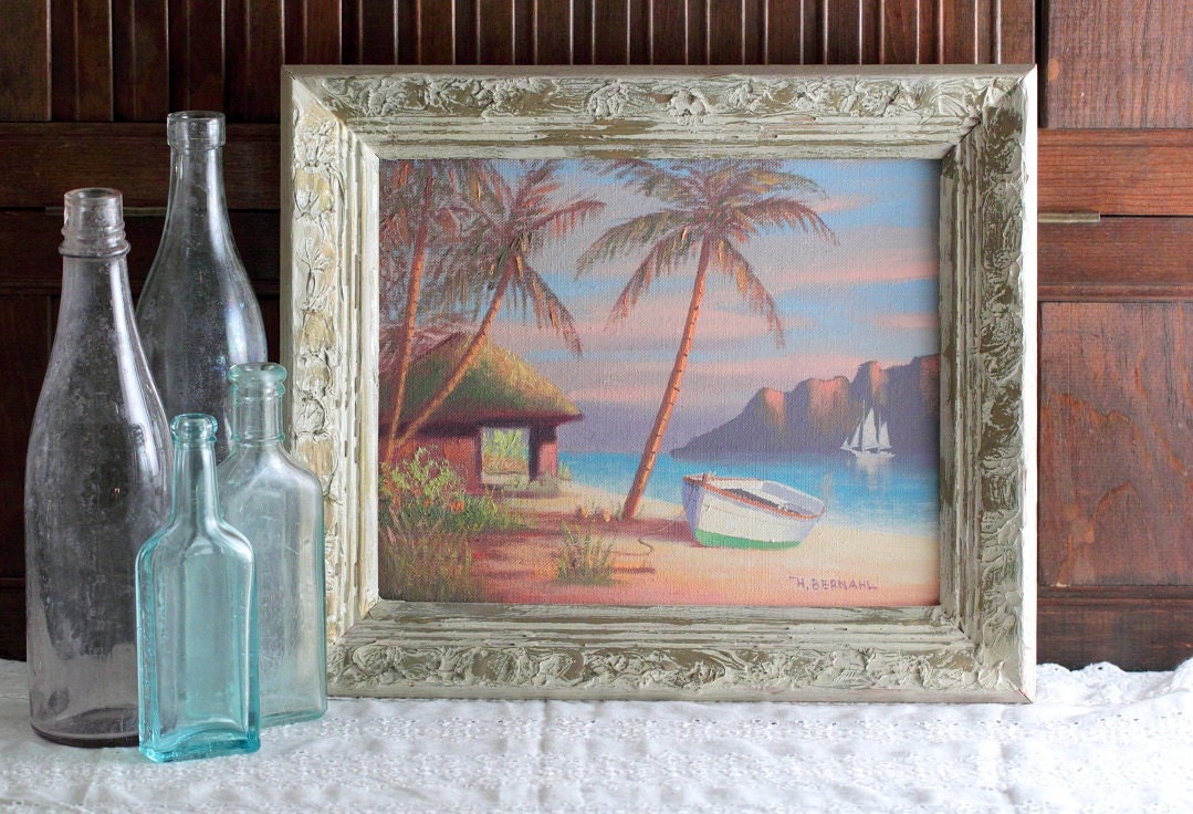 Vintage Art Painting Island Sail Boat Seascape Beach Frame Henry Bernahl