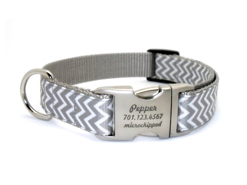 Chevron Stripe Dog Collar with Laser Engraved Personalized Buckle - SILVER