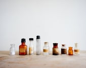 vintage chemisty  bottles from France, very small size, clear and amber glass with handwritten labels - FrenchAtticFinds