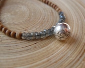 Silver lotus bell modern mala necklace with labradorite and 108 sandalwood beads