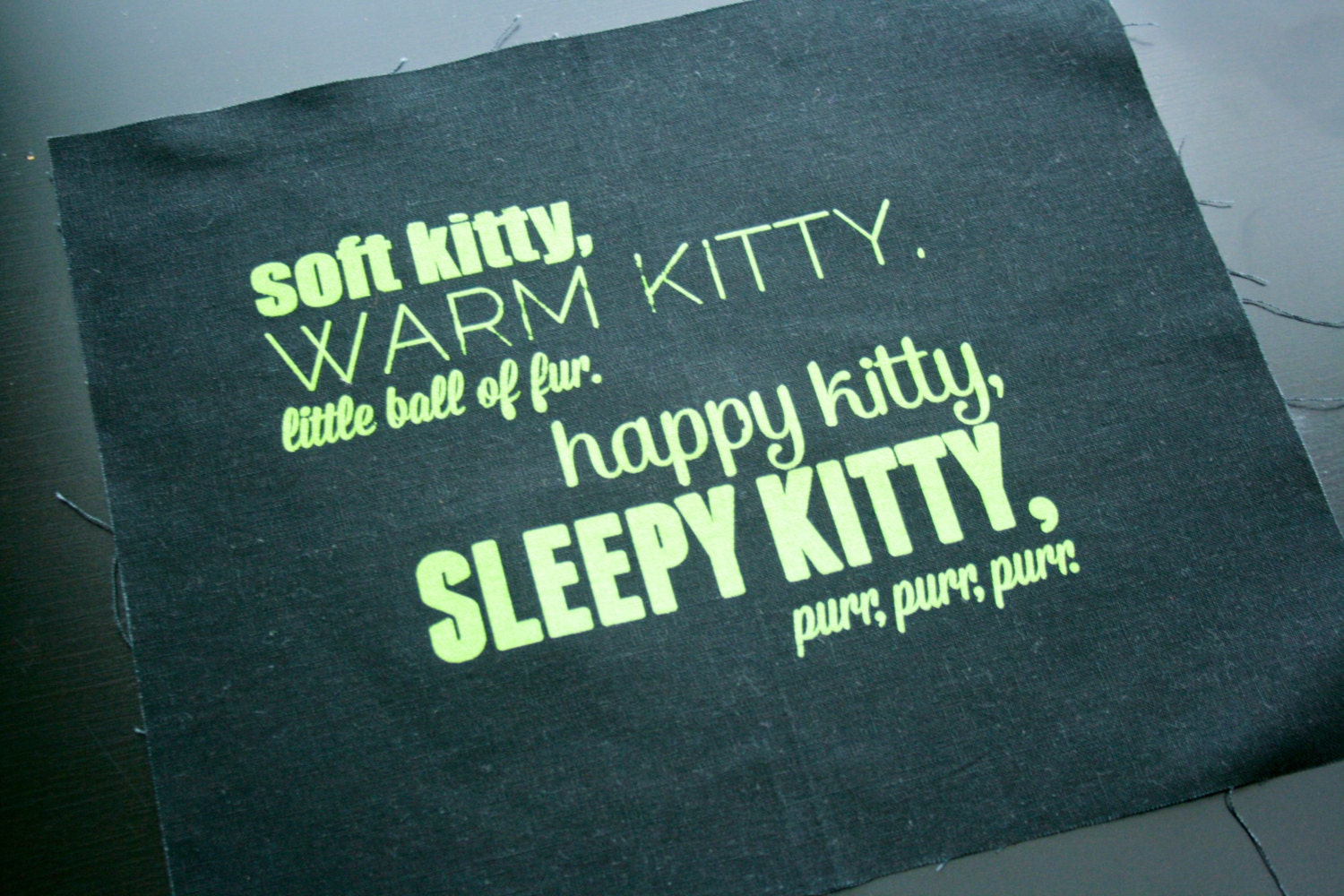 Soft Kitty Linen Screen Print - Green on black