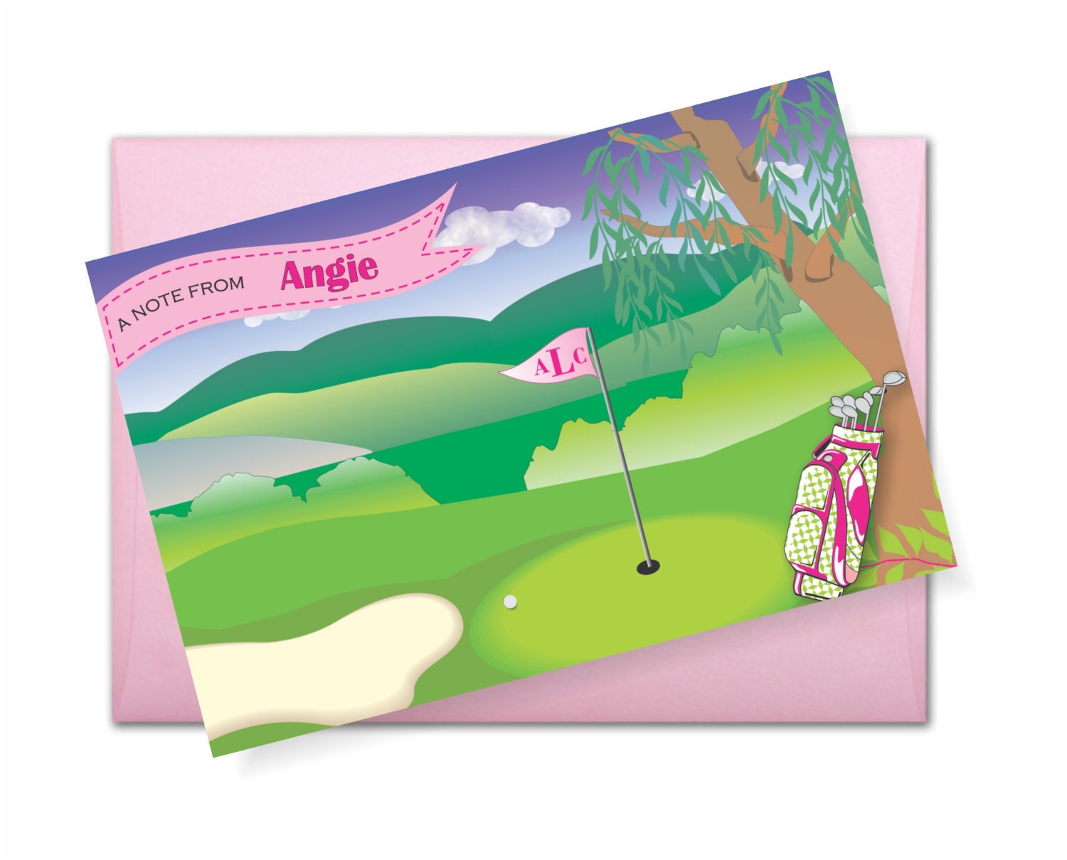 A Note From...Note Cards Golf Scene with your Monogram - 4x6 flat note cards