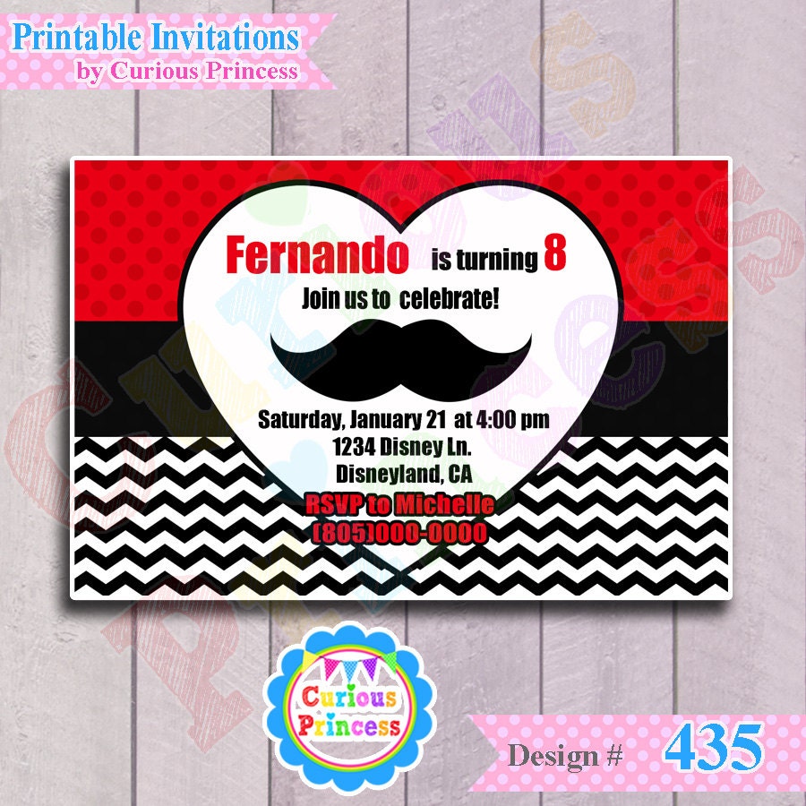 435 mustache invitations 4x6 valentines DIGITAL printable file in red, white and black boy girl unisex
