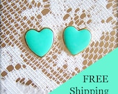 Heart Earrings Stud Turquoise Aqua Seafoam Mint Green Blue Gold Post Bridesmaids Wedding Bridal Jewelry Gift FREE SHIPPING