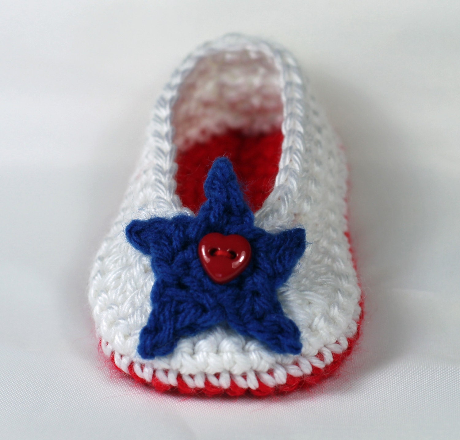 Crochet Baby Booties - Patriotic Baby Girl Booties -  Ballet Slippers in Red, White and Blue - Newborn to 6-12 mos sizes.