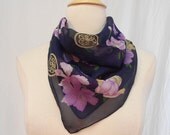 Sheer Navy Blue Chiffon w Gold Medallion & Purple Floral Print Scarf / Square 20 x 20"