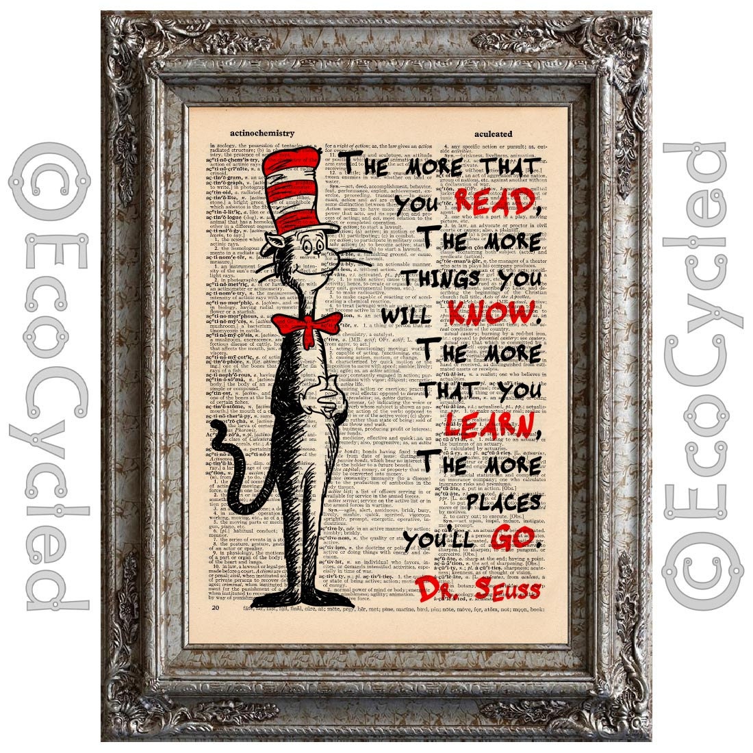 Cat in the Hat 1 on Vintage Upcycled Dictionary Page  Book Art Print Dr Seuss Children Adventure Reading