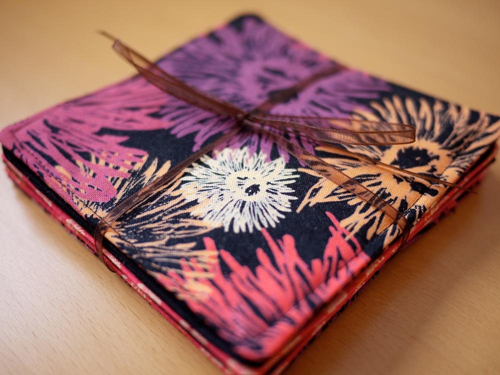 Modern Floral Printed Fabric Coasters - Black/Reds/Purples - Set of 6 - Housewarming Gift, Wedding Gift