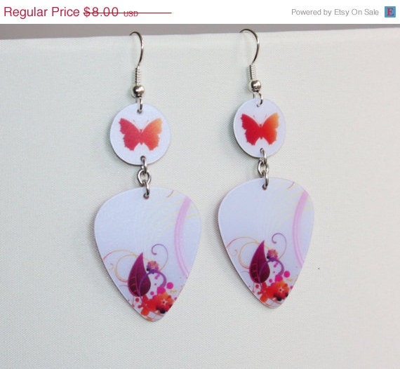 ON SALE Guitar Pick Earrings Handmade From Upcycled Pearly White Gift Card PINK Flower And Butterfly On White Pearl Color Eco-Friendly Jewe