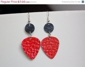 ON SALE Guitar Pick Earrings Handmade From Upcycled Gift Card RED And Black Leather Print Eco-Friendly Jewelry
