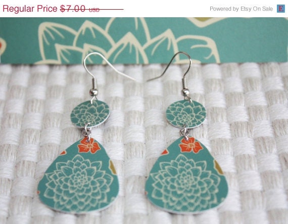 ON SALE Guitar Pick Earrings Handmade From Upcycled Gift Card Green FLOWER Orange Blue Eco-Friendly Jewelry