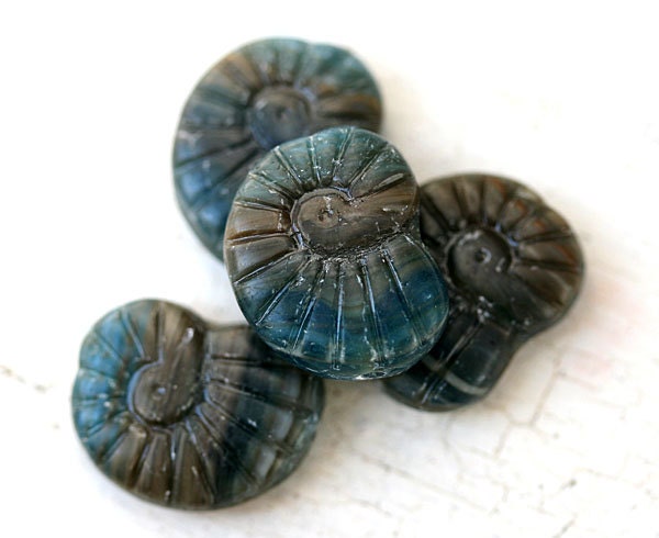 Nautilus Czech beads, glass seashell, Dark Blue, ammonite fossil, large - 14x17mm - 4Pc - 0641