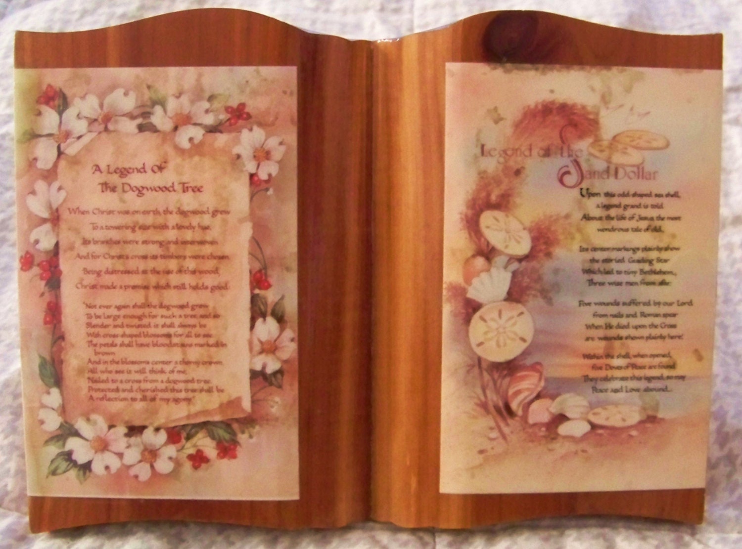 Vintage Religious Wooden Tabletop Open Book of "The Legend of The Dogwood Tree" and "The Legend of The Sand Dollar"
