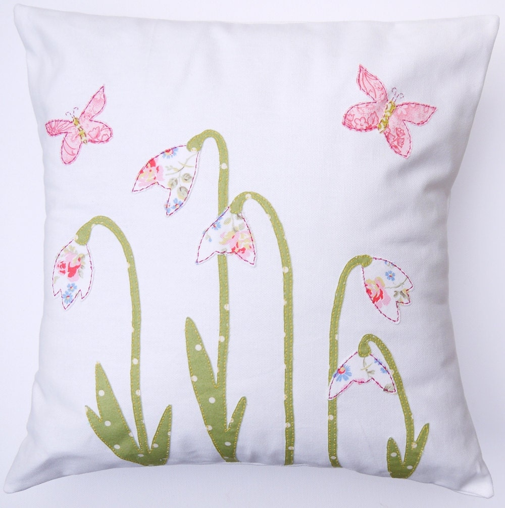 SNOWDROP and BUTTERFLY applique cushion / pillow. Perfect gift made using Cath Kidston fabric. Handmade in the UK. sewn message on back