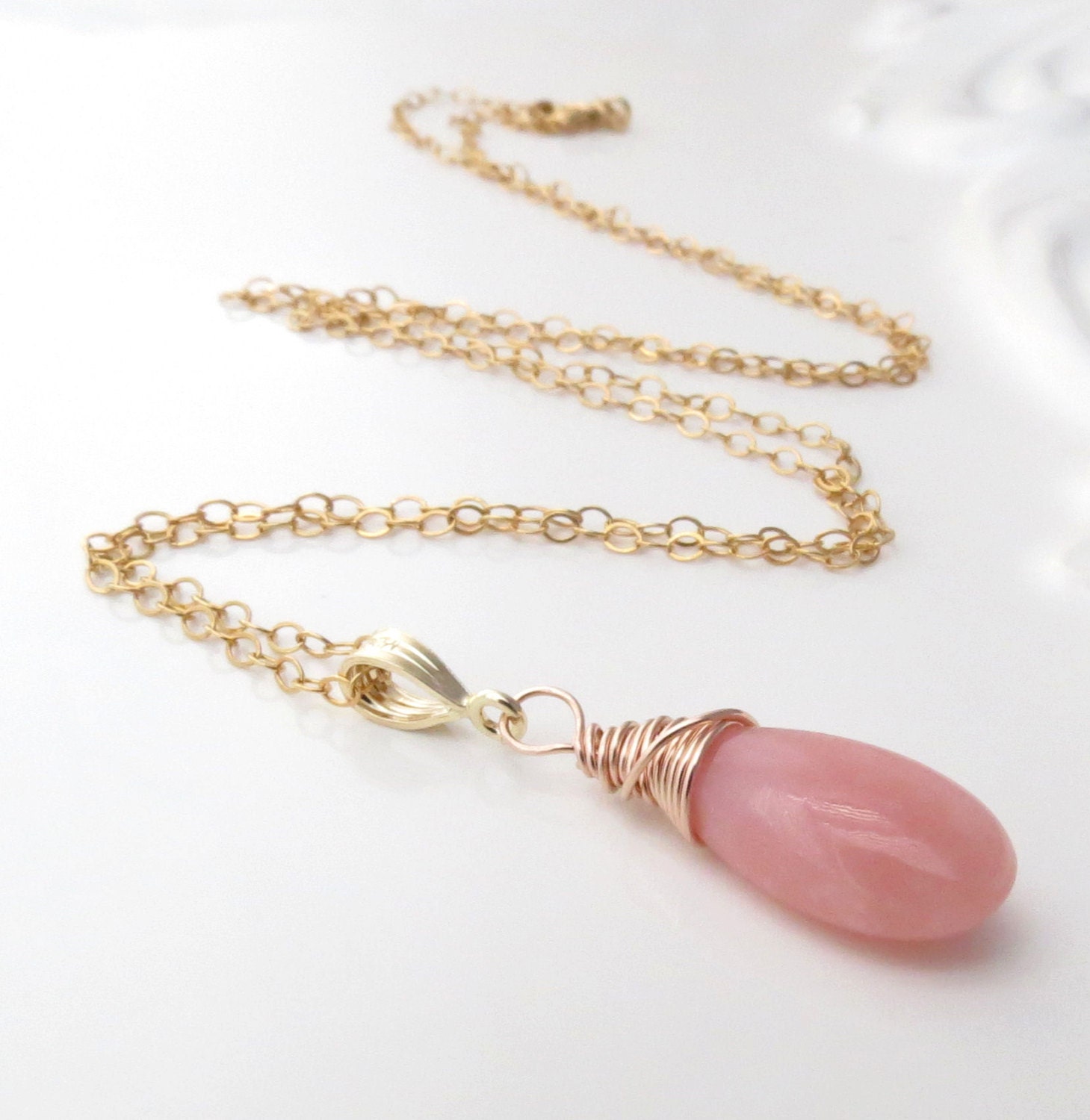 Peruvian Pink Opal Briolette Gold Necklace