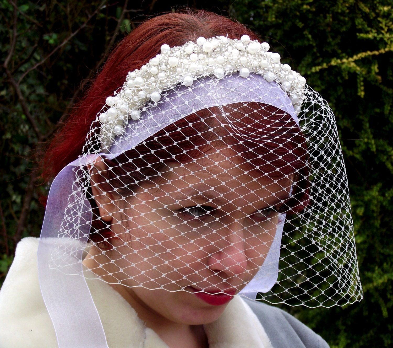 Vintage 1960s Inspired Pearls and Lace Wedding Veil