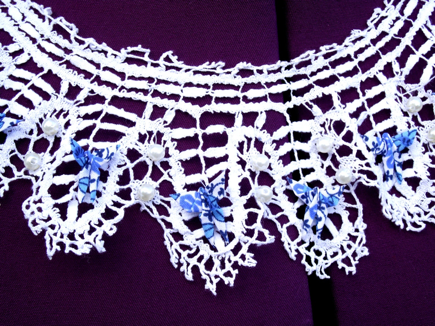 Vintage Lace Collar with China Blue Butterflies & Pearls