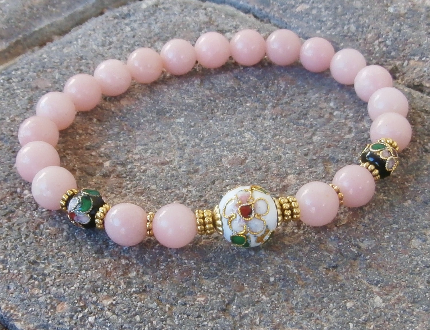 Independence Genuine Pink Opal with Cloisonne beads, Yoga Bracelet, Meditation bracelet, Reiki Charged, free shipping