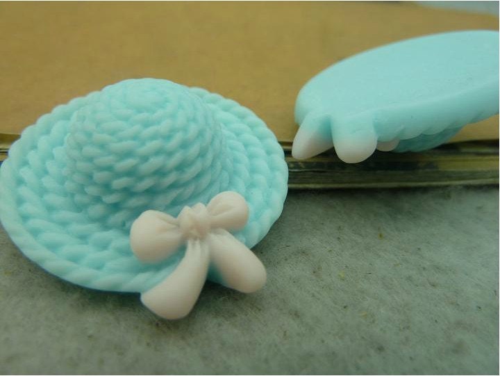 10 pcs 47x30mm Light blue Resin bows bowknots caps straw hats Cameos Cabochons Cabs fc97093