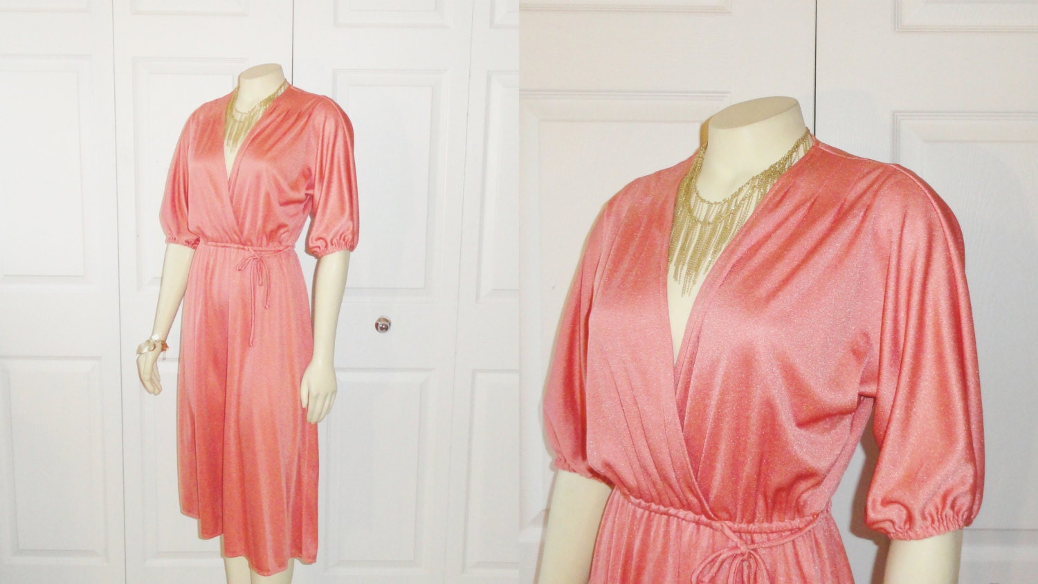 Vintage Dress 70s Patty O'Neil Disco Dancing Faux Wrap Melon Defined Waist Union Made Size 7 Modern Small