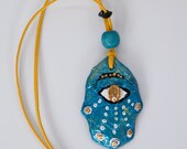 Wall hanging, Turquise, White and ocher upcycled hamsa wall decor, Fatimas hand, Christmas in july sale