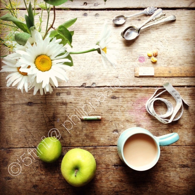 Limited Edition Signd Print of The Table, 'July' featuring Daisies, Tea, Fruit and Tiny Cornish Shells.
