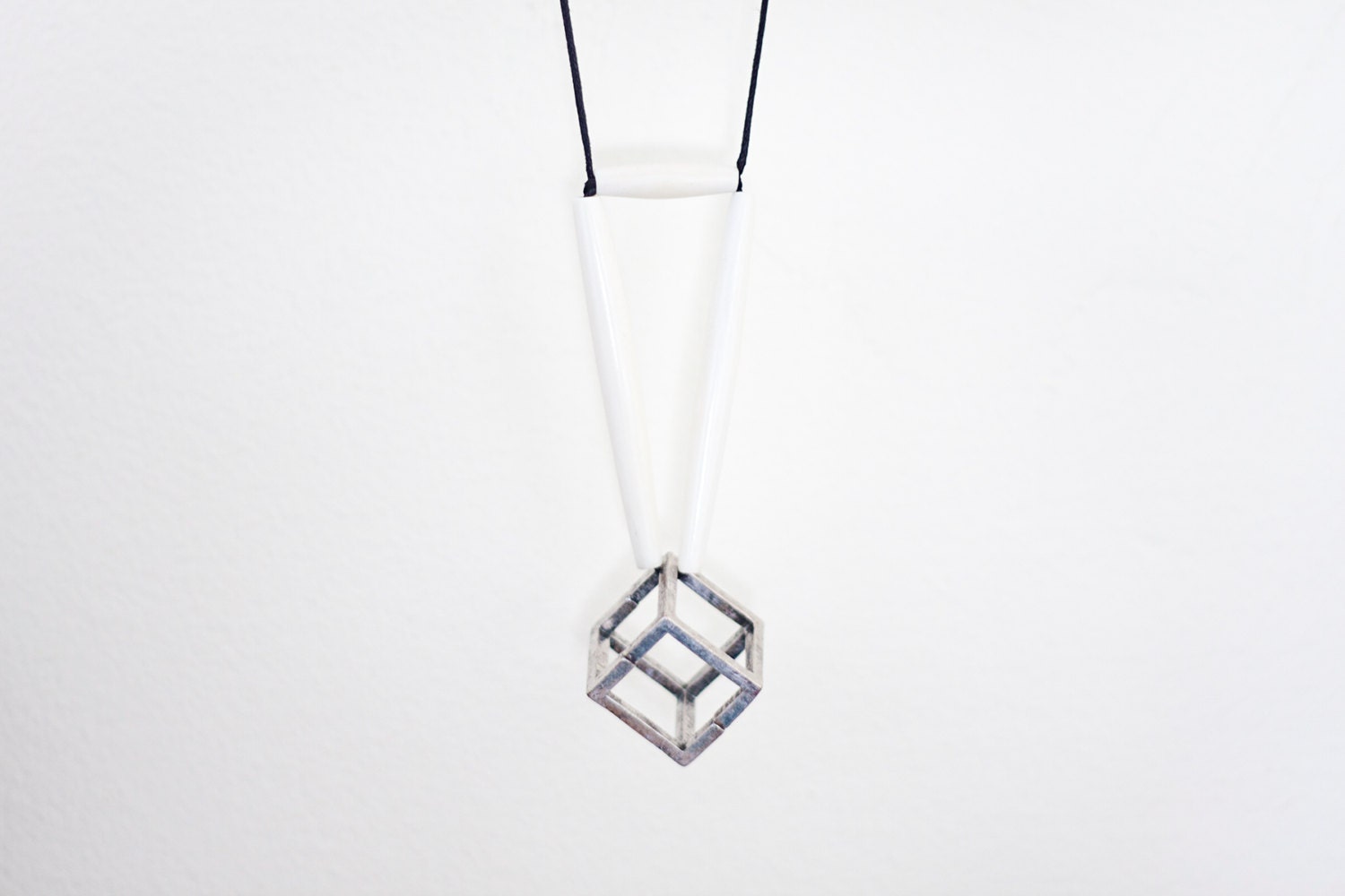 LAST ONE geometric, tribal, metal cube, long white bone beads, short white bone bead and black rope, long, beaded necklace