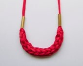 pale red woven fabric necklace with brass tubes, adjustable length, ONE AVAILABLE