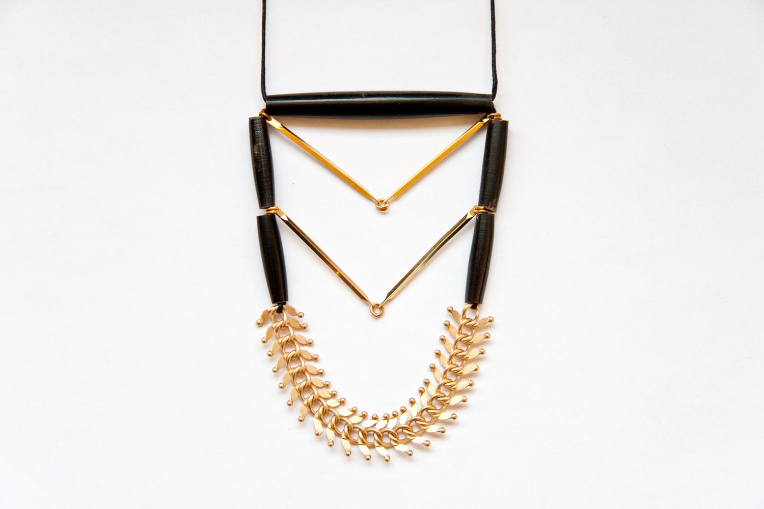 LAST ONE Geometric, tribal, long necklace, gold colored chain, black hairpipe bones beads, black cord