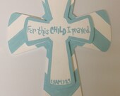 Light blue aqua customizable chevron cross Bible verse 1 Samuel 1:27 Christian nursery decor