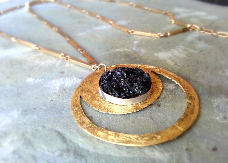 Black Moon Hand Cut Brass Crescent Moon with Black Druzy on Gold Chain