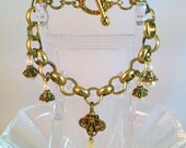 Romantic Bracelet Large Link Antique Brass and Pearl Bead Beautiful Floral Toggle Clasp Handmade One of a Kind