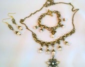 Romantic Necklace Bracelet and Earrings Set Antique Brass with Pearl and Crystal Beads Beautiful Floral Crystal Toggle Clasp Handmade OOAK