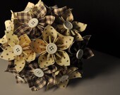 Cream and Black Polka Dot and Plaid Origami Paper Flower Bouquet - Wedding, Bridal, Decoration, Centerpeice, Dozen, Set of 12