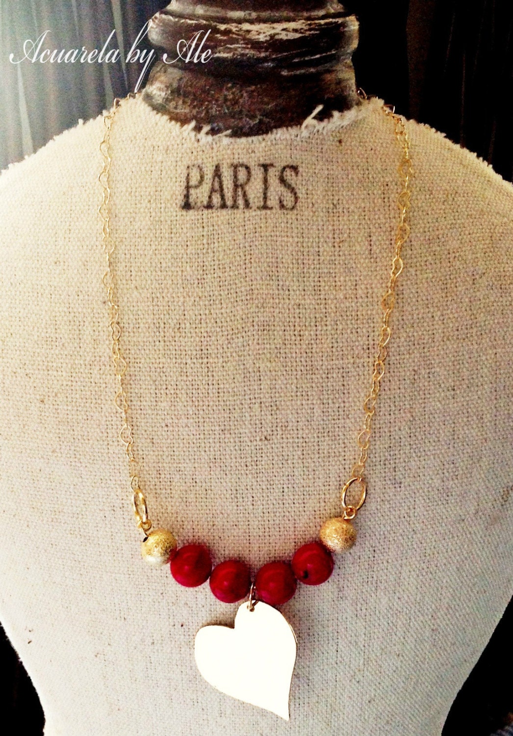 Heart necklace. Love necklace. Coral necklace. Acuarela.
