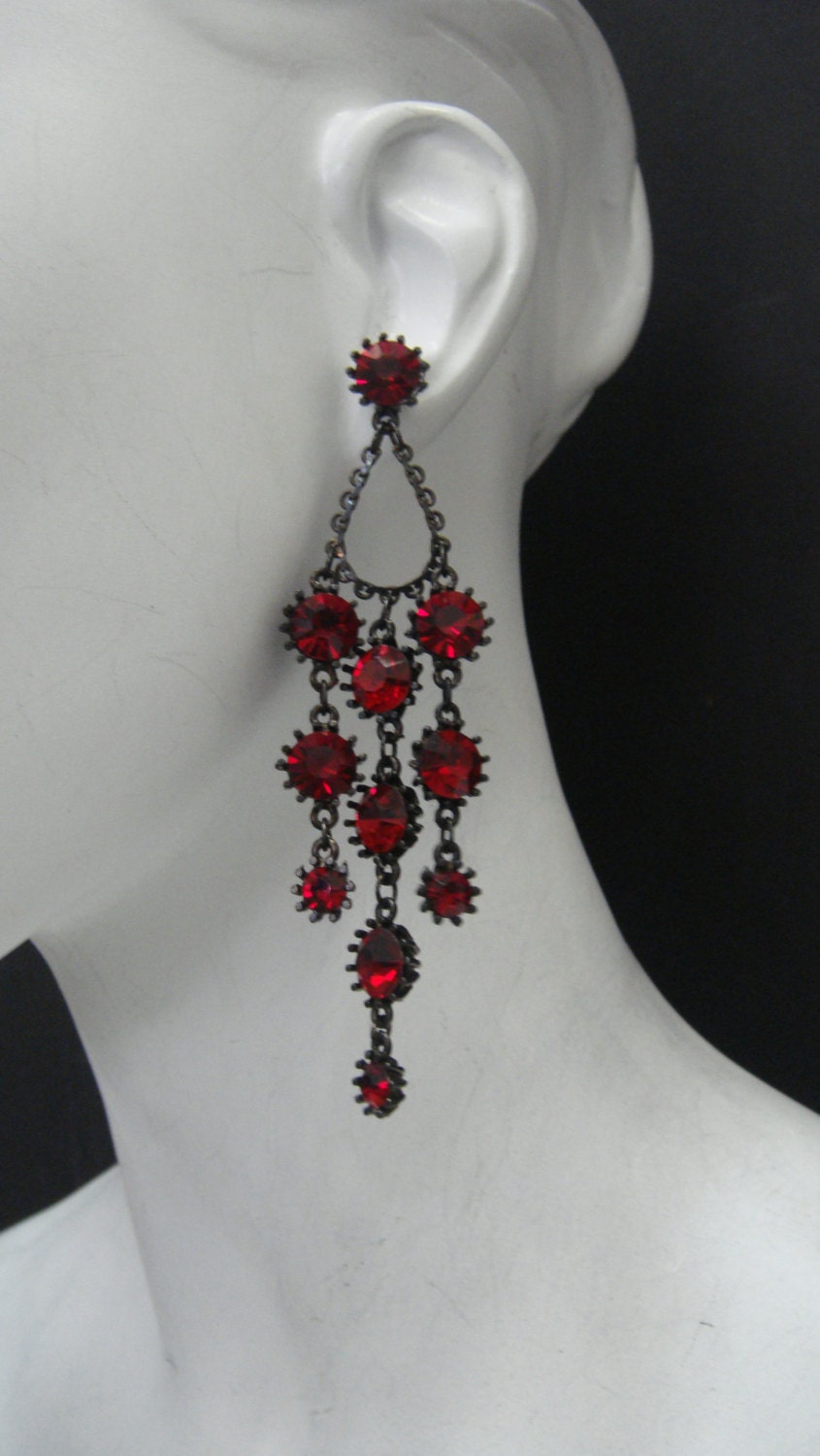 Water fall Crystal Chandelier  Earrings Made with Siam Red Swarovski Crystal Black Plated